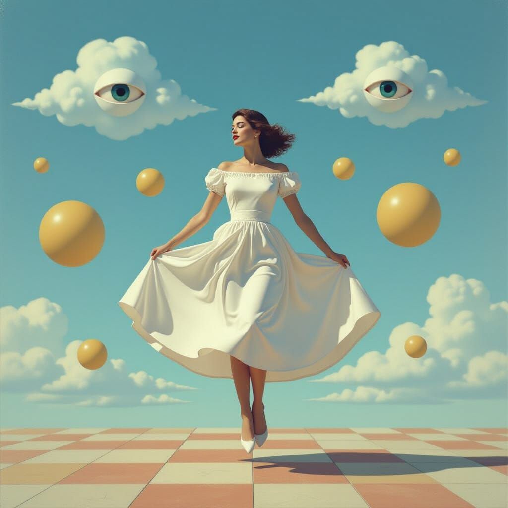 Surreal Woman Levitating in Dreamlike World