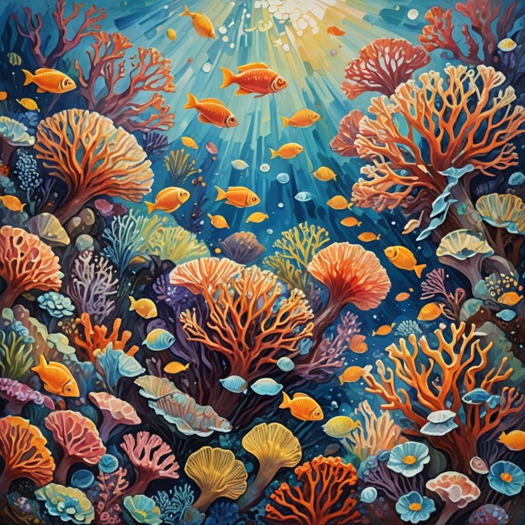 Vibrant Coral Reef Impasto Gouache Seascape