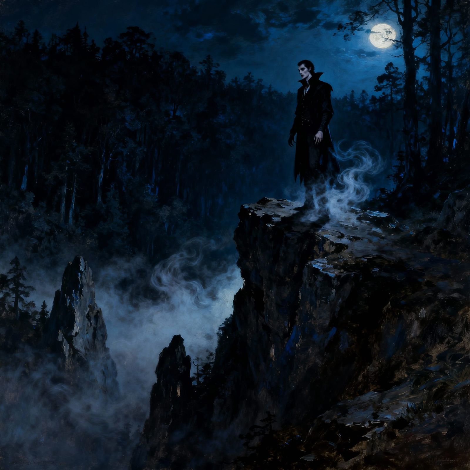 Lone Vampire on Craggy Precipice in Oil Style