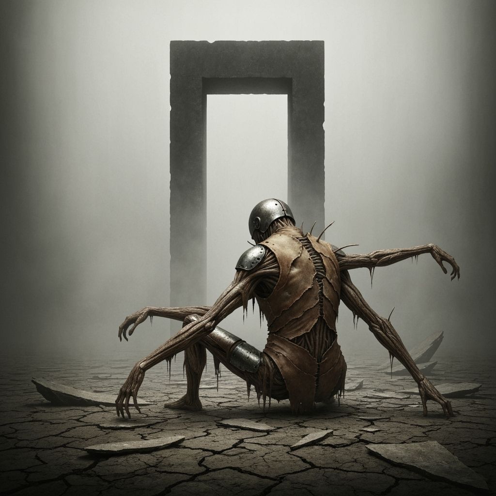 Solitary Hybrid Creature Before Foggy Gateway