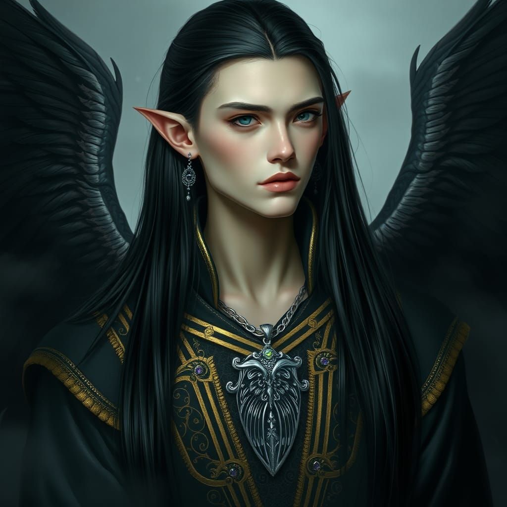 Ethereal Elf Man with Black Wings