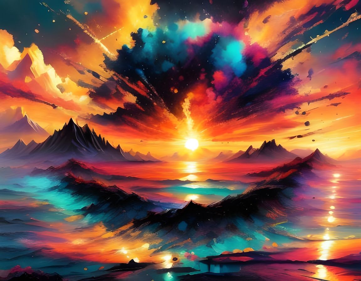 Vibrant Sunset Landscape in Fantasy Art Style