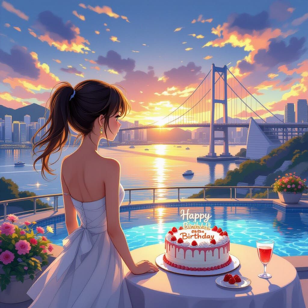 Schoolgirl Enjoys Birthday Cake by Pool with Ching Ma Bridge...