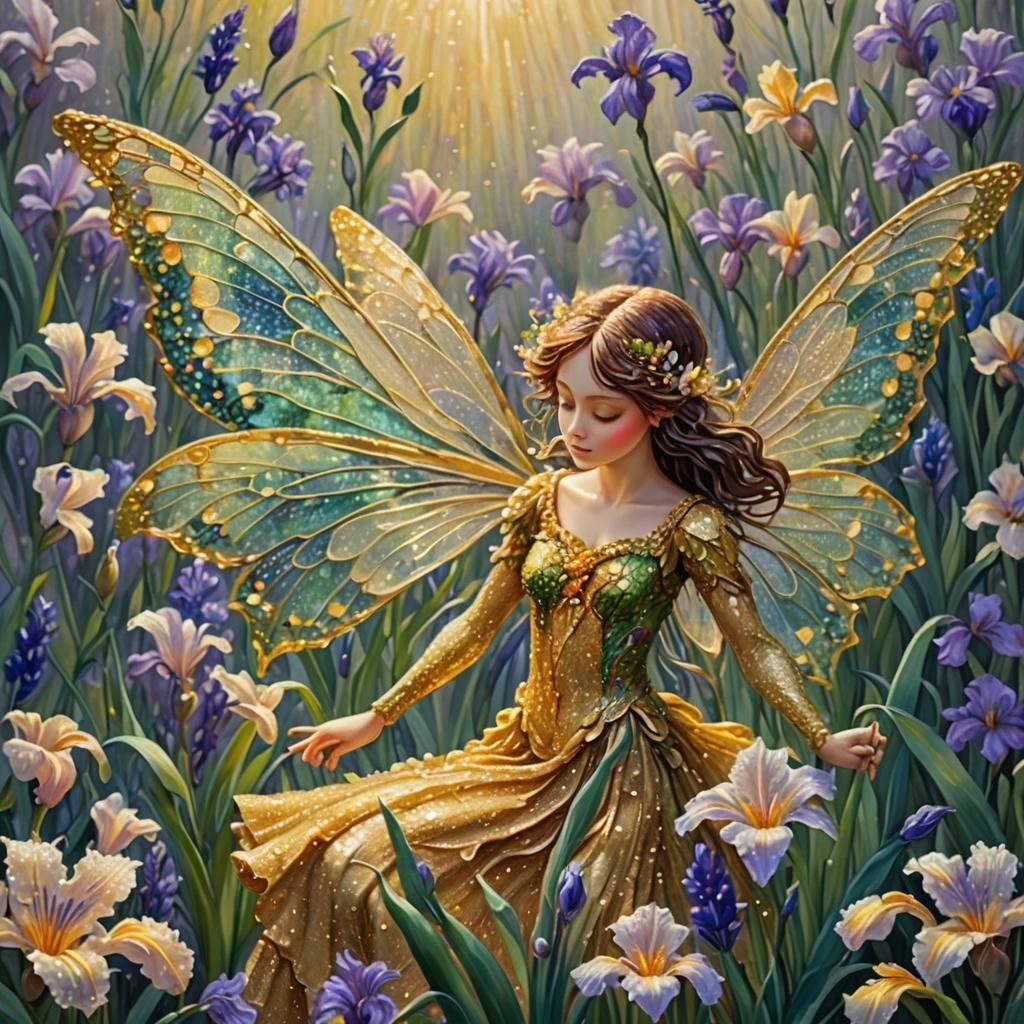 Monet Irises: Dewdrop Dot Painting in 8K