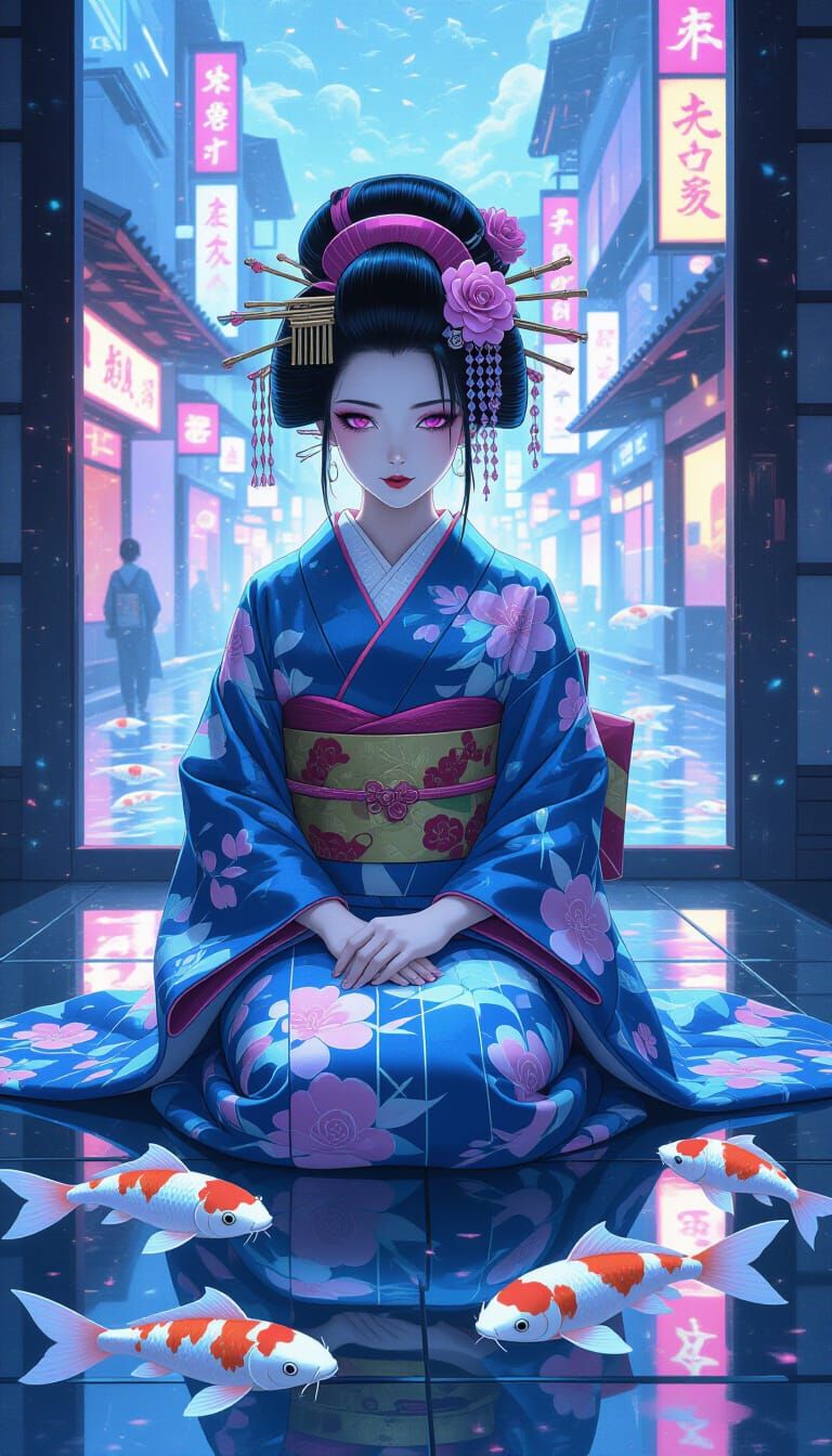 Cyberpunk Geisha with Holographic Koi in Tokyo