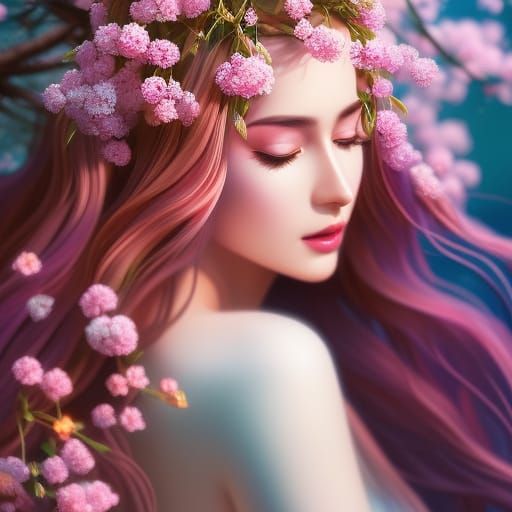 Seraphim Woman in Cherry Blossom Field, Digital Art