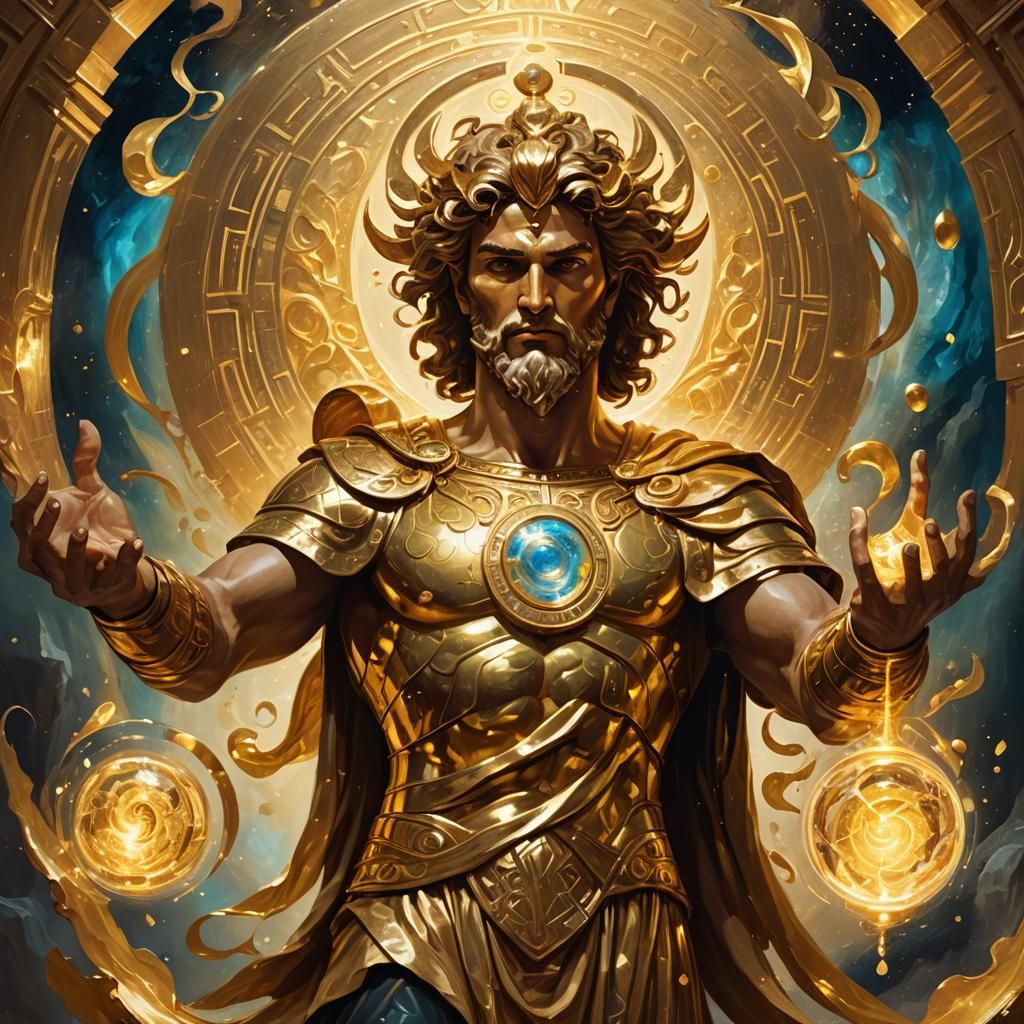 Golden Greek God Holding Tesseract: Fantasy Oil Painting