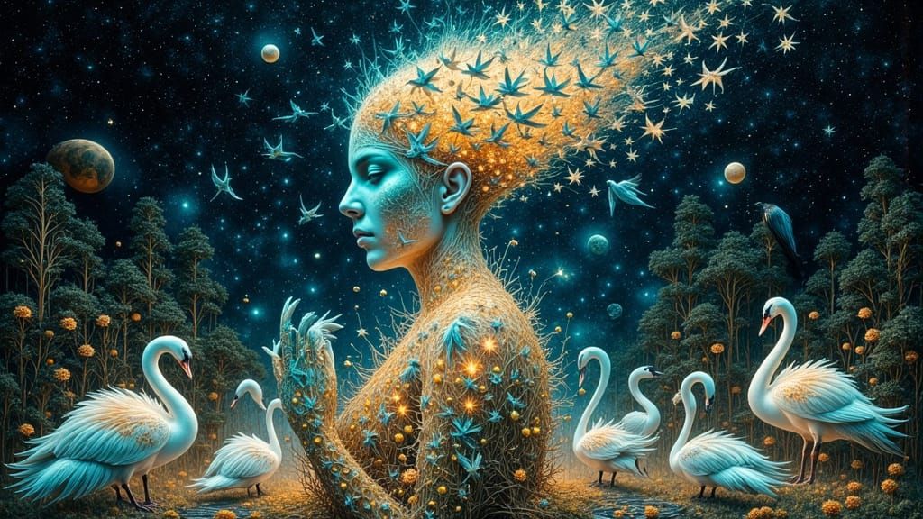 Ethereal Woman Dissolving into Iridescent Birds Amidst Cosmi...