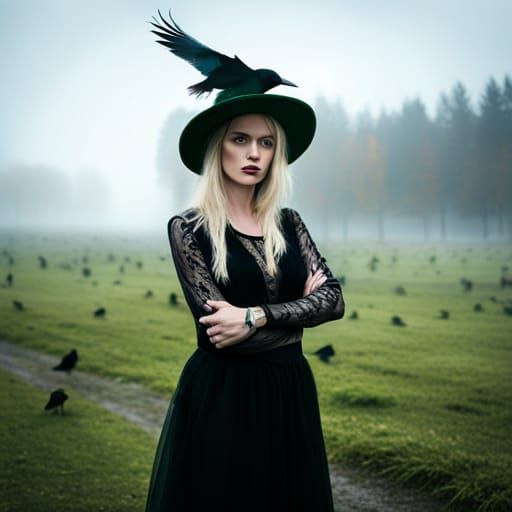 Gothic Woman with Crow Embroidery in Morning Fog