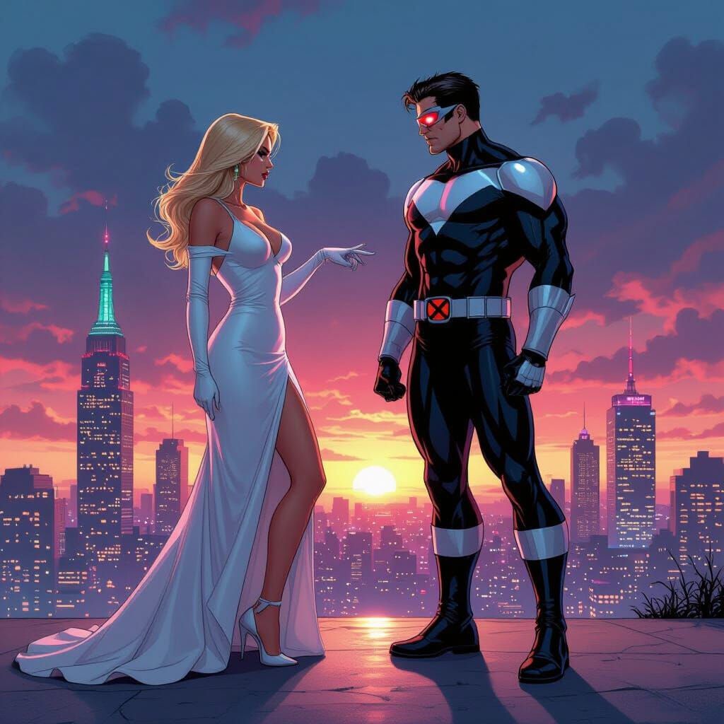 Emma Frost Seduces Cyclops in Neon Cityscape