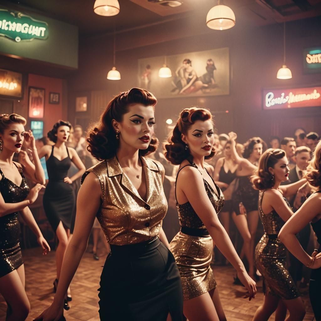 Pin-Up Girls Dancing in 1950s Nightclub