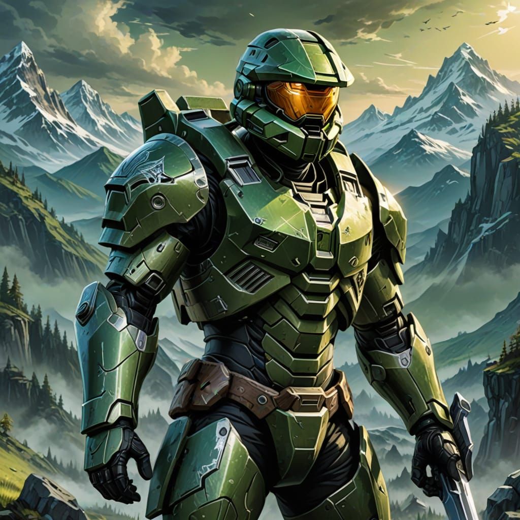 Master Chief in Vibrant Anime Armor, Sword, and Skyrim Lands...