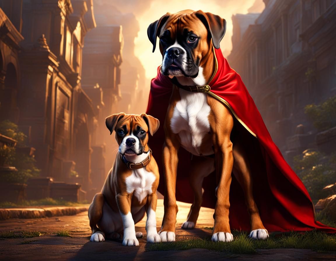 Boxer Dog Superhero Saving Puppy, Matte Painting