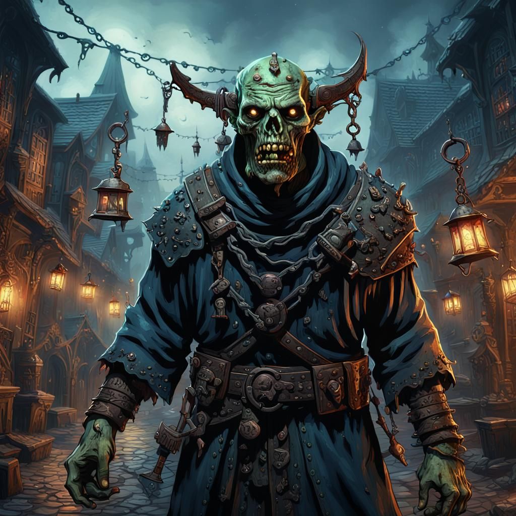 Zombie with Iron Bells in Dark Fantasy Town