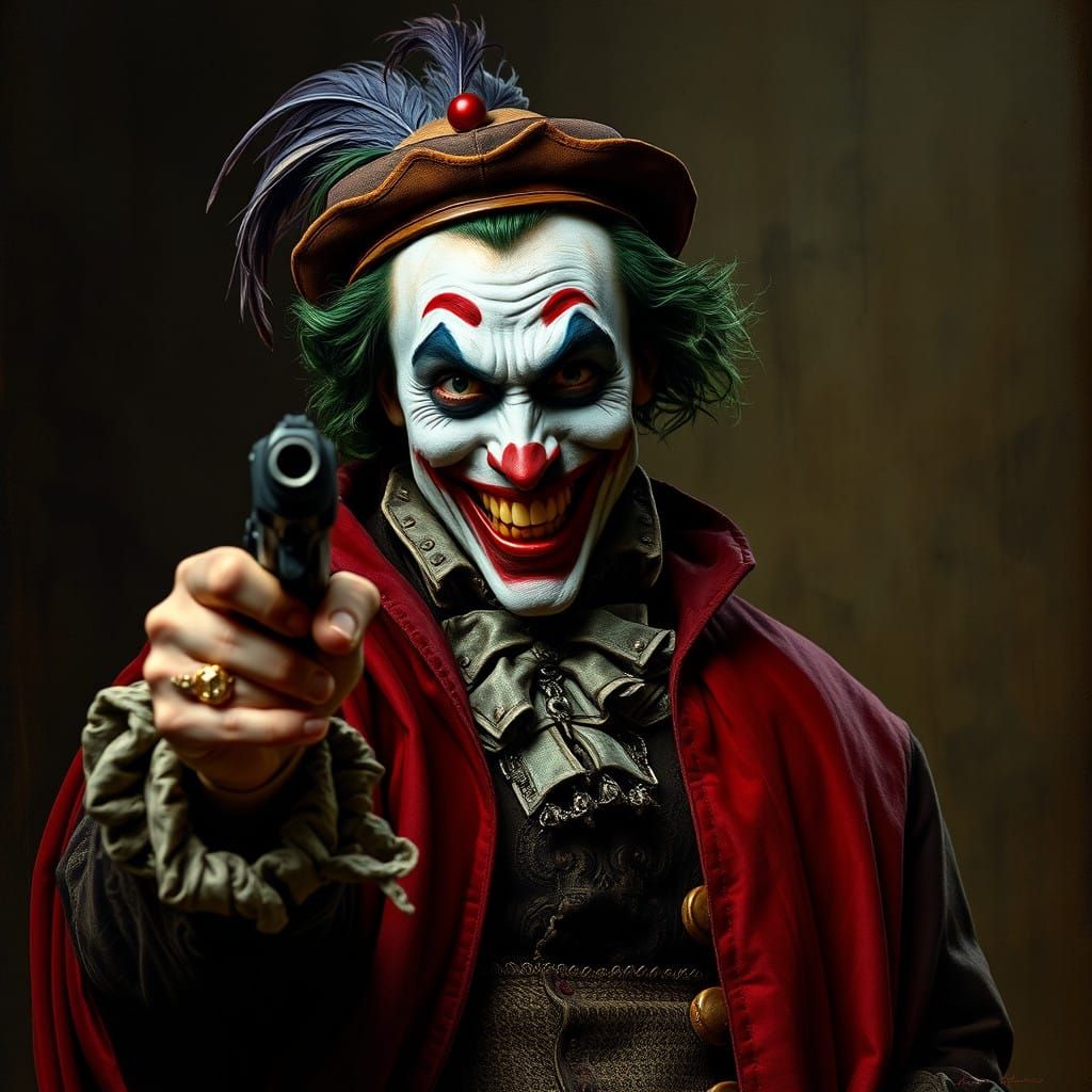 Maniacal Joker in Ornate Renaissance Attire with Gun