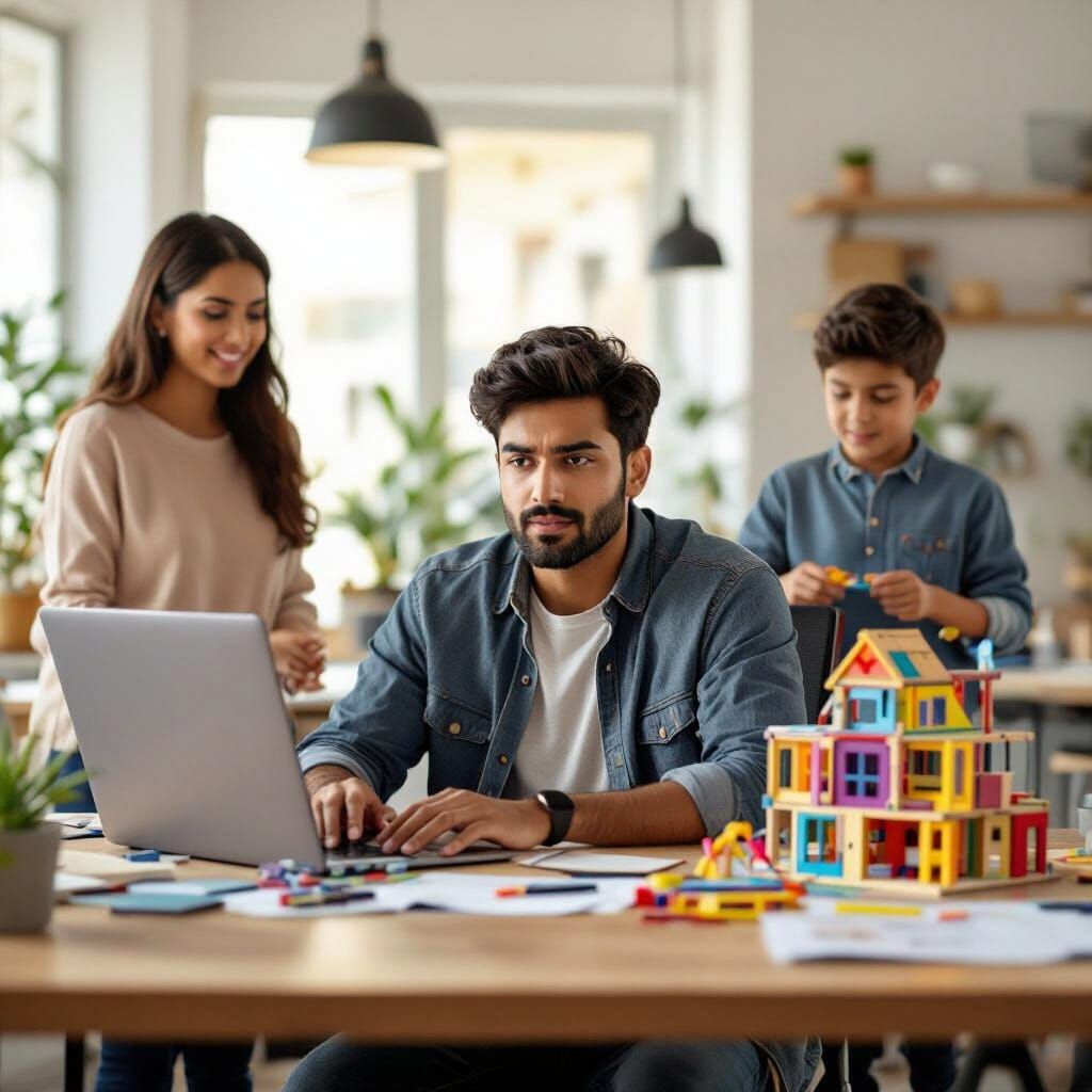 Blended Office Home Scene: Brothers, Work, and Creativity