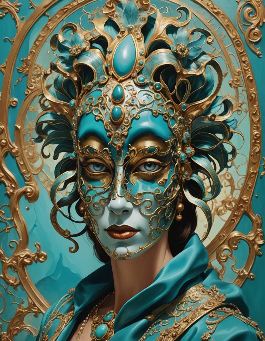 Woman with Elaborate Mask in Cloisonnist Style