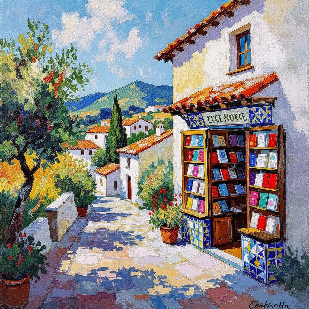 Spanish Bookstore in Neo-Impressionist Expressionist Style