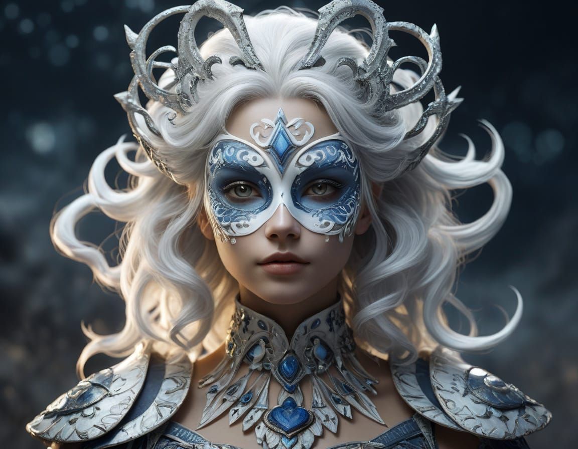 Moonlit Harlequin Goddess with Glowing Tiara and Chalk-White...