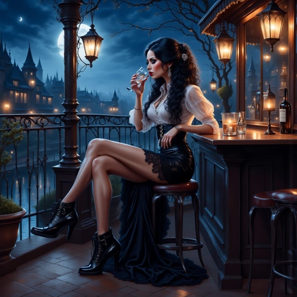 Gothic Woman at Terrace Bar Under Starlight