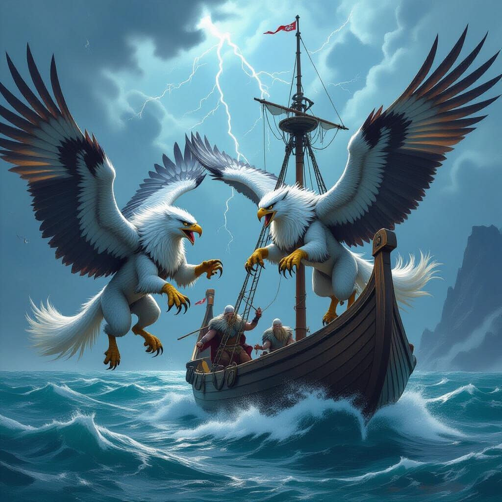 Gryphons Attack Viking Longship in Stormy Seas