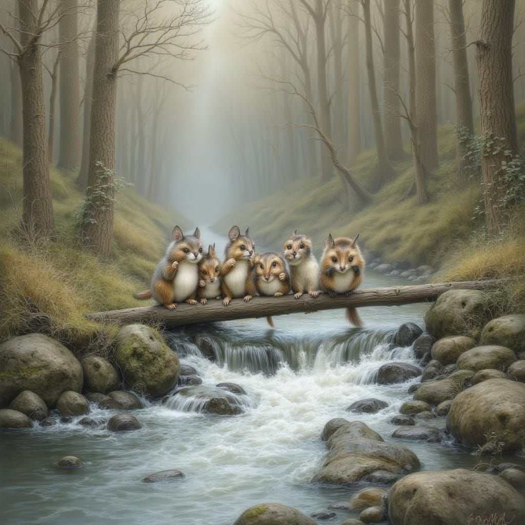 Dormice Teamwork Crossing a Swift Stream