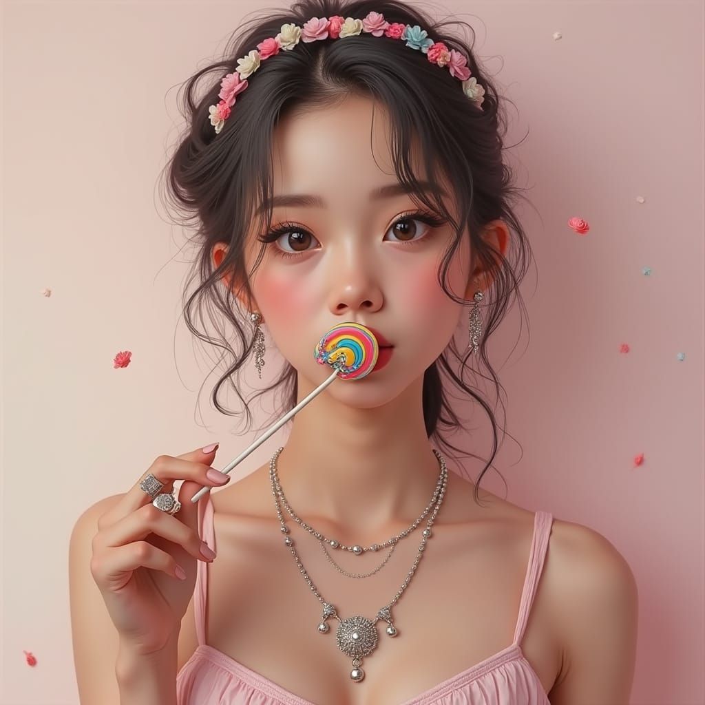 Hyperrealistic Woman with Lollipop in Pastel Setting