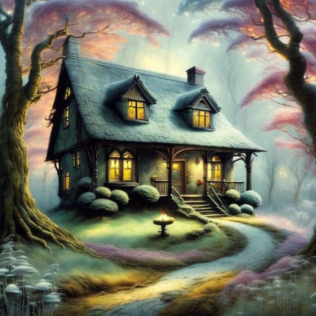 Enchanted Forest Cottage in Watercolor Style