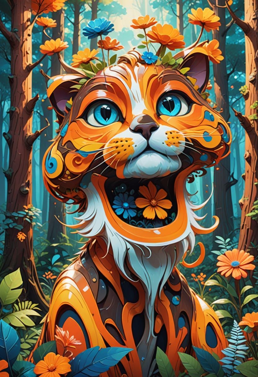 Whimsical Cat in Vibrant Pop Art Love Forest