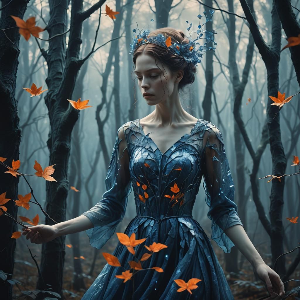 Enameled Glass Figure in Mystical Forest, Digital Matte Pain...