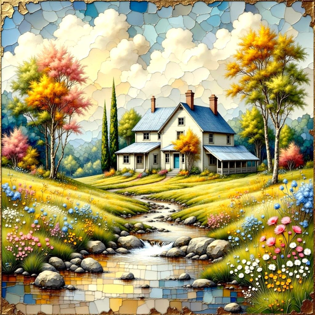 Surreal Pastel Landscape with Crinkled Metallic Accents