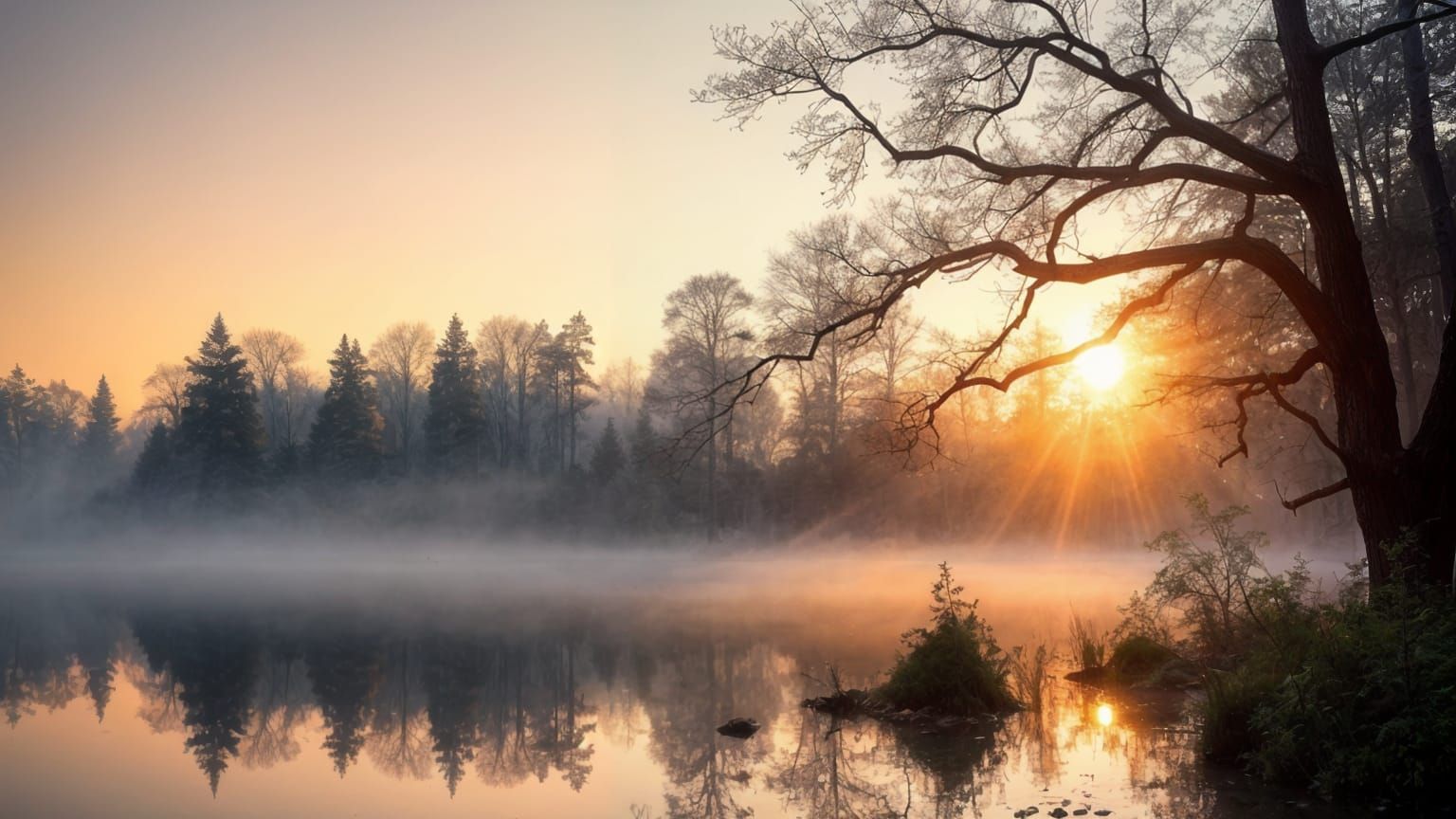 Breathtaking Spring Dawn on a Foggy Lake