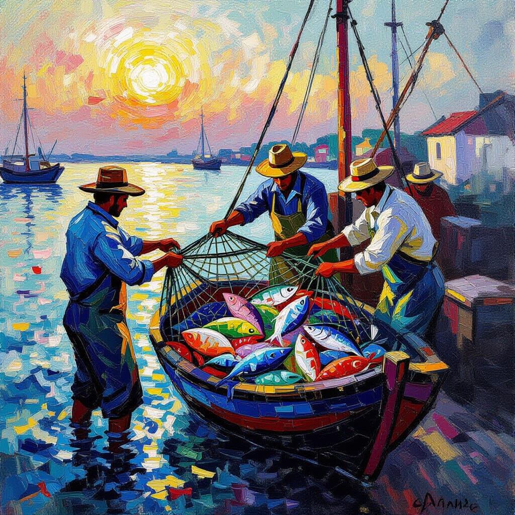 Fishermen Haul Luminous Nets in Vibrant Oil Painting