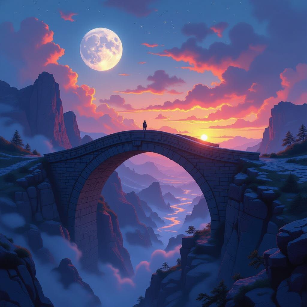 Stone Bridge Over Nebulae Chasm Connecting Fantastical Realm...