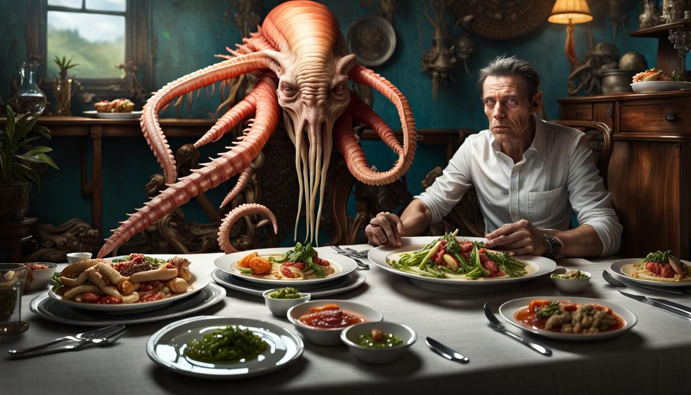 Man at Table with Alien Food: Fantastic Realism