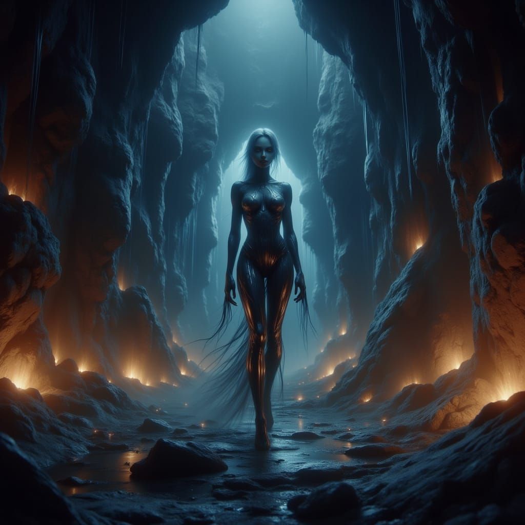 Futuristic Android Awakens in Cave with Glowing Paintings