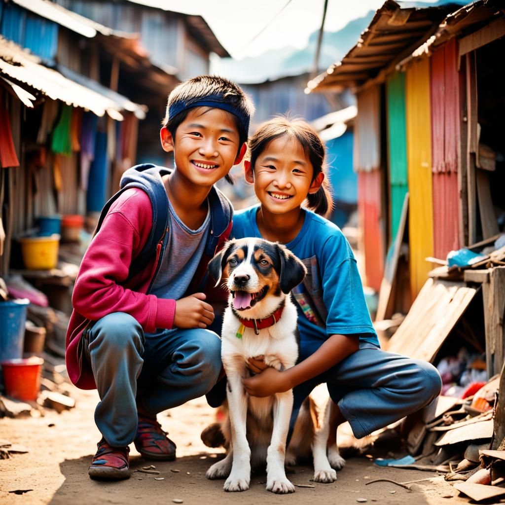 Happy Youth and Dog in Asian Shanty