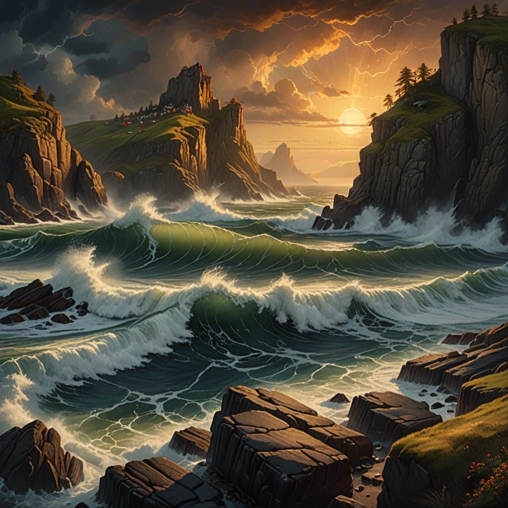 Epic Fantasy Landscape Painting: Towering Waves and Weathere...