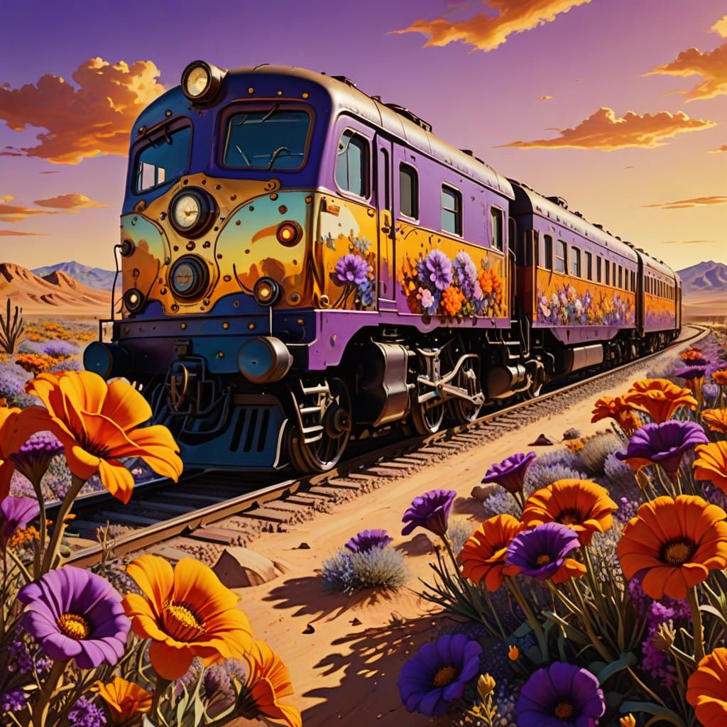 Surreal Desert Train in Vibrant Bloom