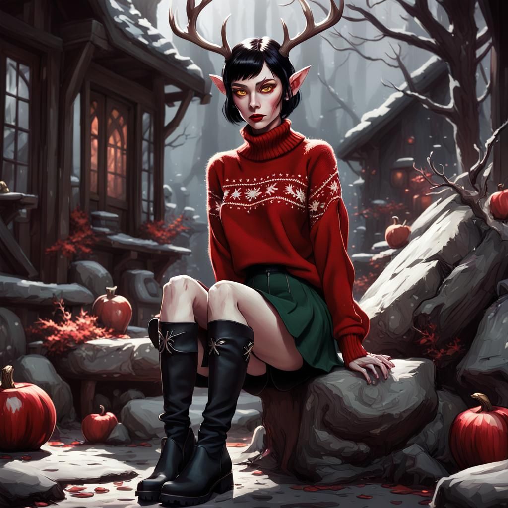 Elf with Antlers in Oversized Turtleneck Sweater