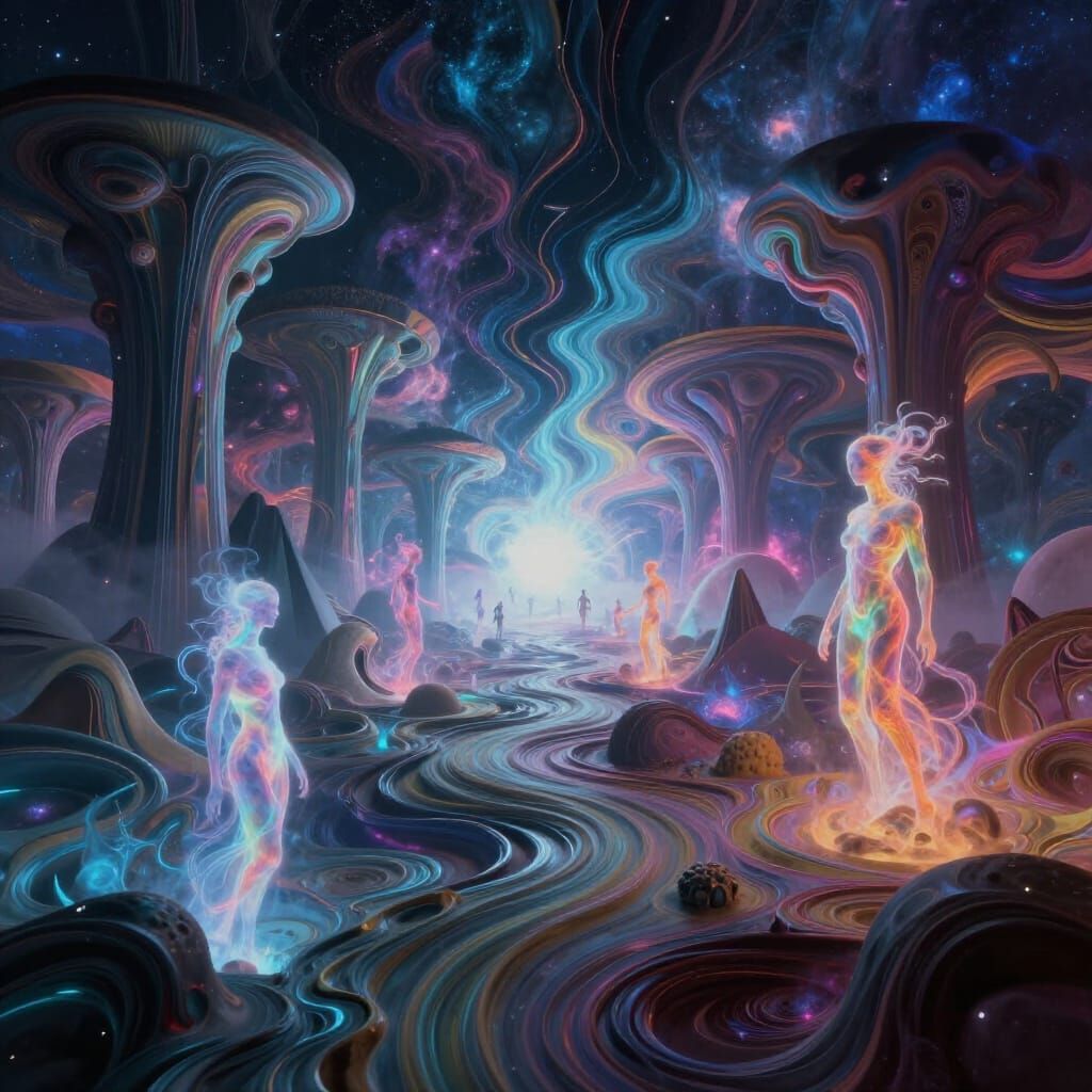 5th Dimension Landscape with Ethereal Beings in Hyper-Surrea...