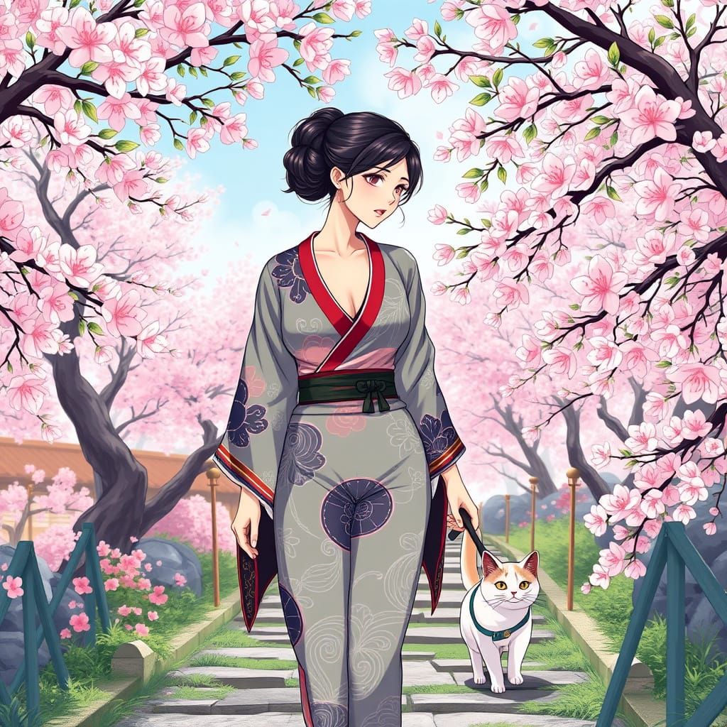 Japanese Woman and Cat in Anime Style Garden