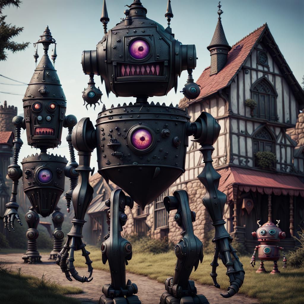 Gothic Robot Village in Retro Digital Art Style