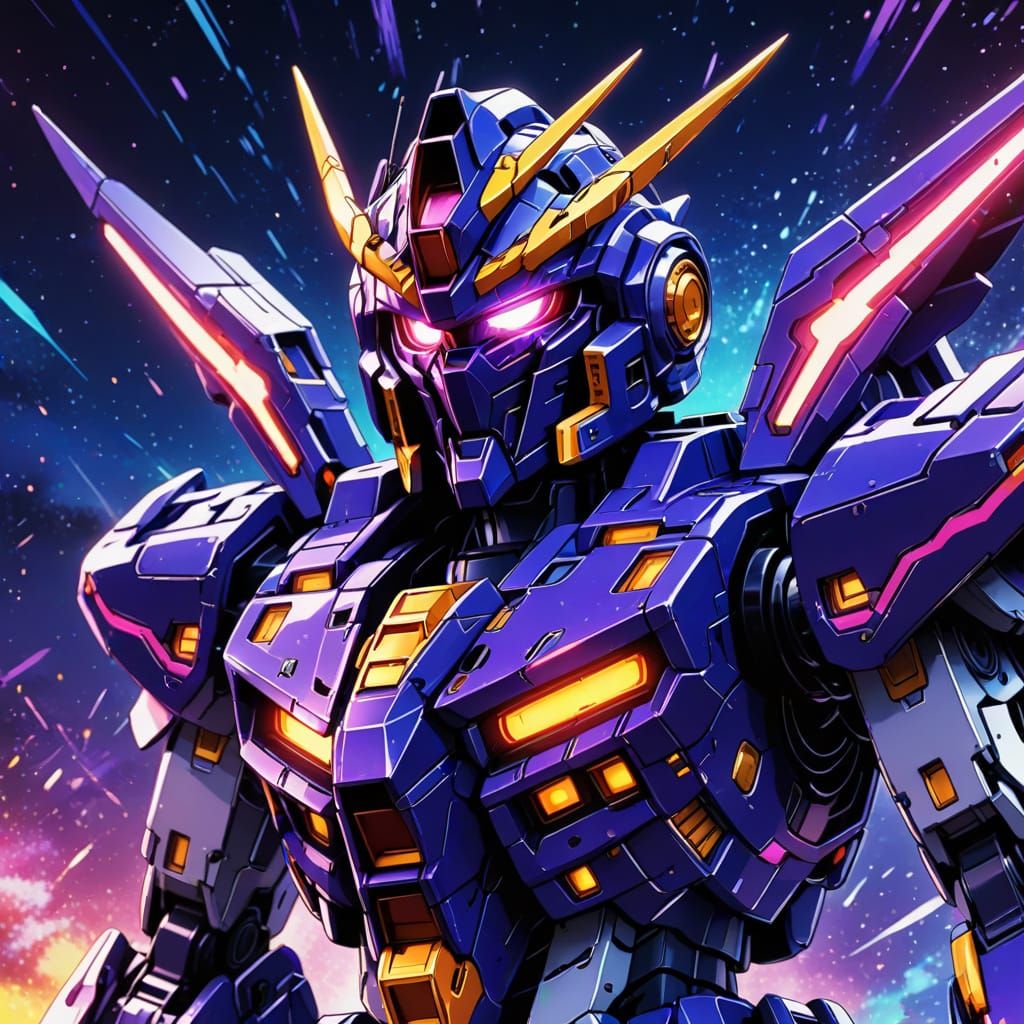 Vibrant Gundam Mecha Stands Amidst Cosmic Galaxy