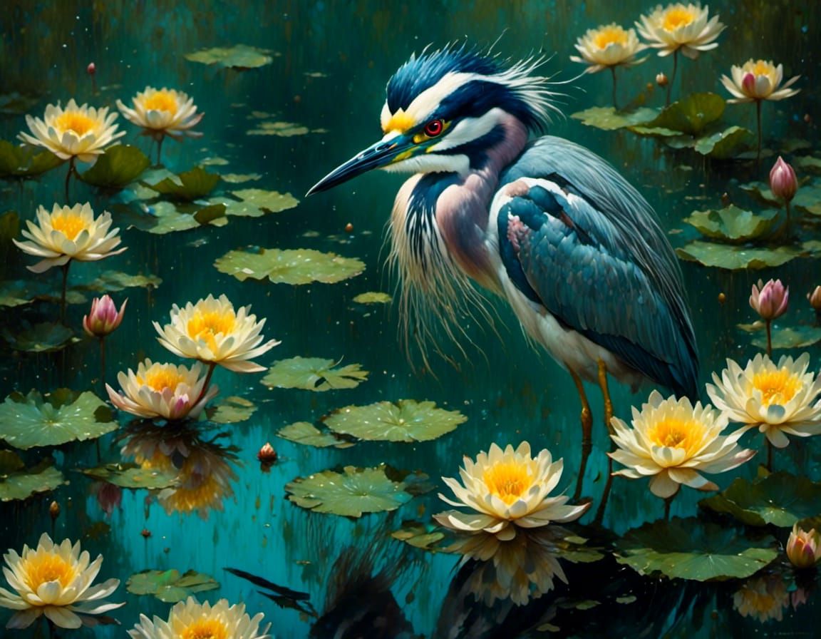 Yellow Crowned Night Heron in Lotus Pond as Impasto Painting