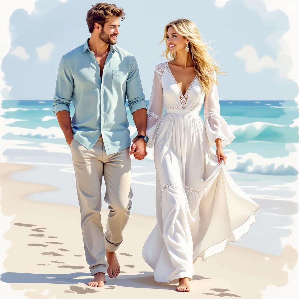 Couple Holding Hands on Beach in Watercolor Style