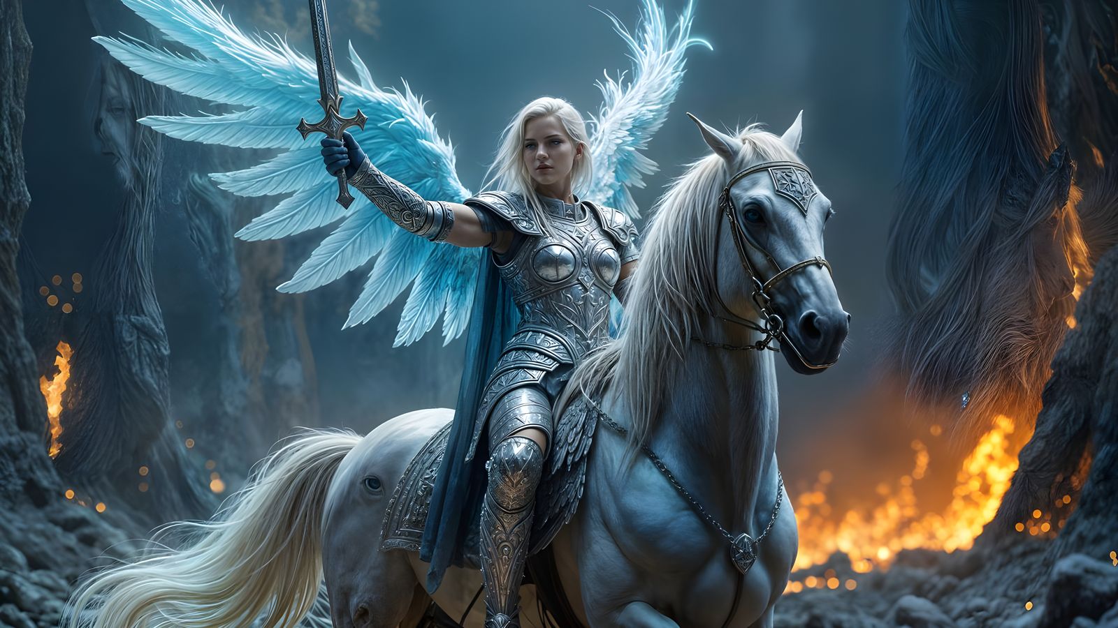 Epic Paladin on Golden Horse with Blue Energy Wings