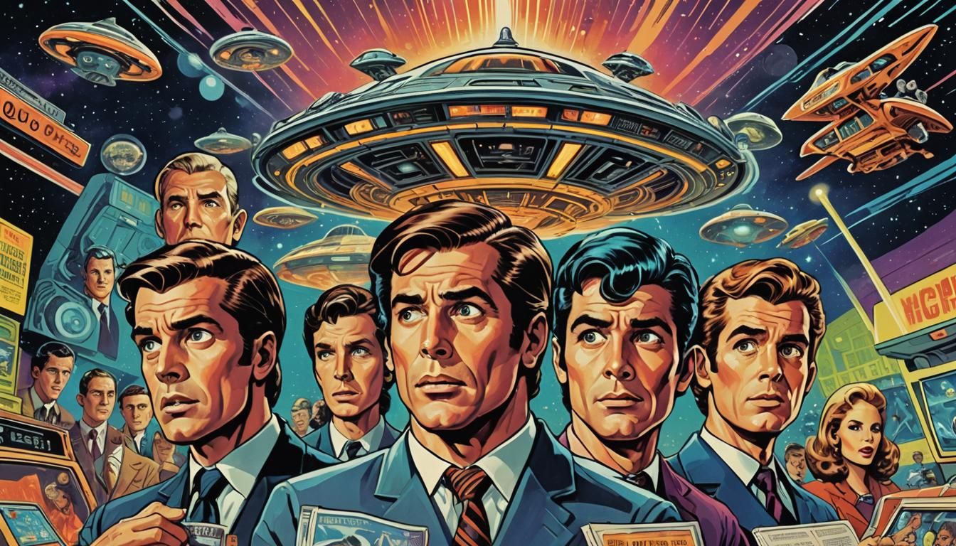 Retro-Futuristic Comic Book Art with UFO on TV