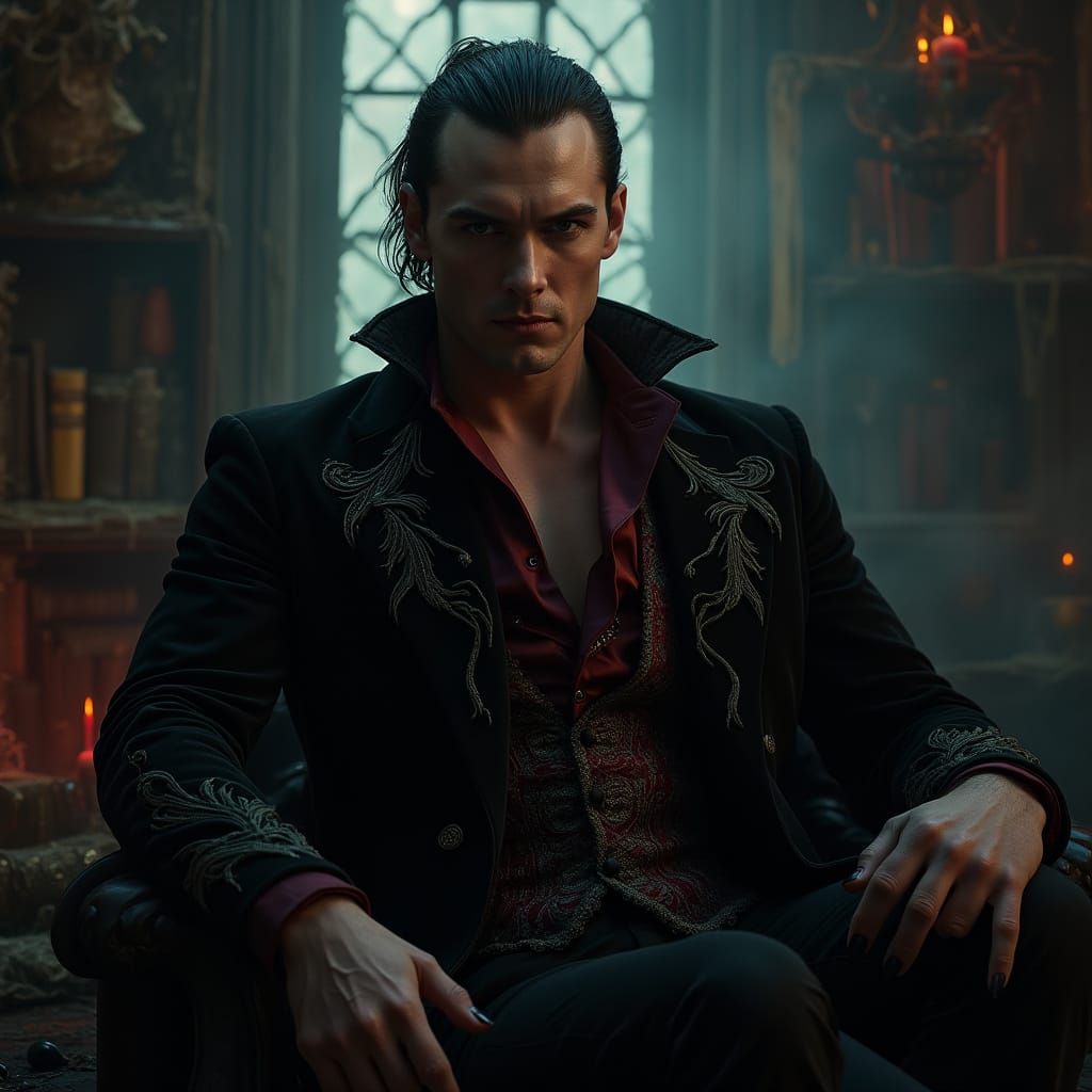 Dark Gothic Vampire in Victorian-Era Chamber