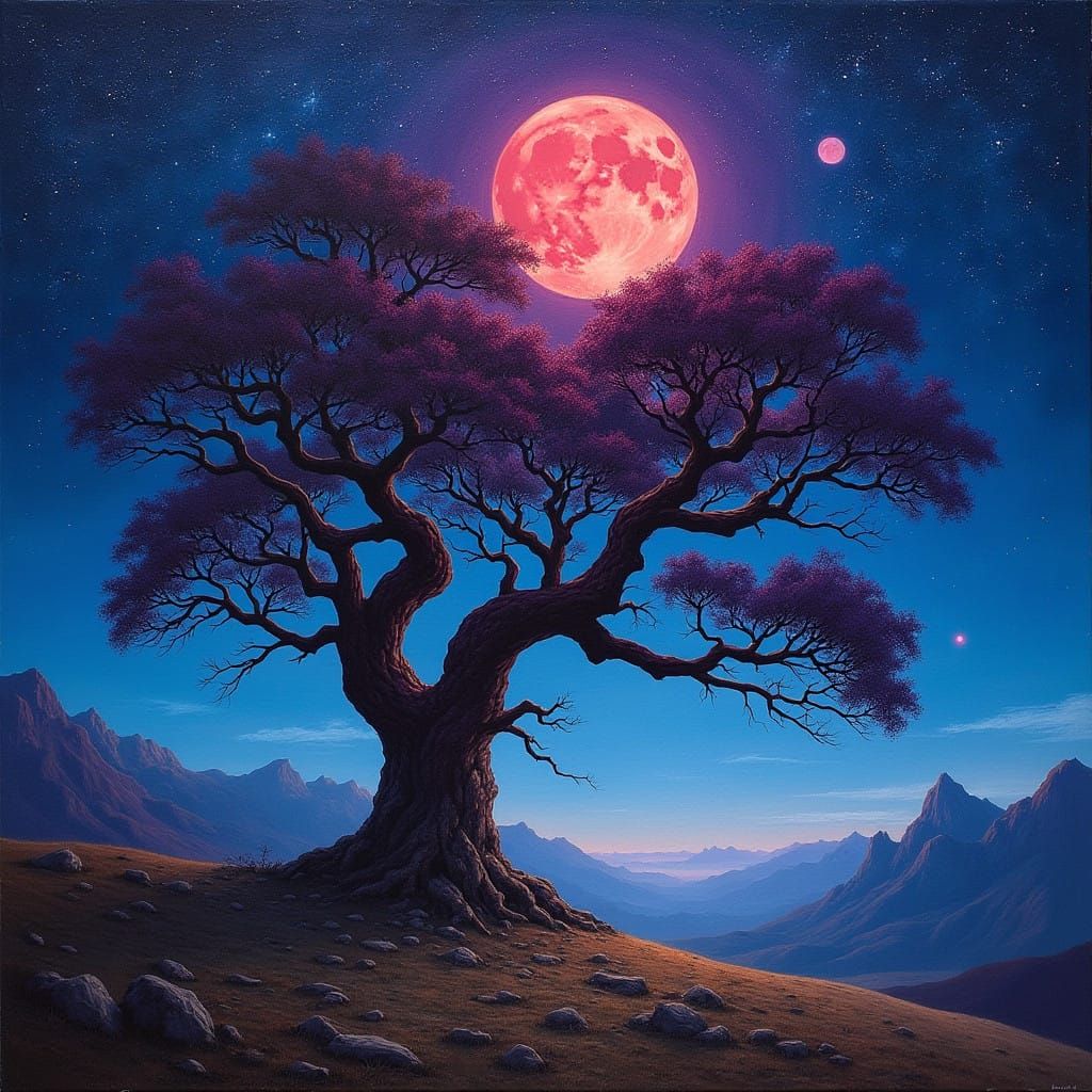 Surreal Fantasy Landscape with Ancient Tree Under Vibrant Ni...